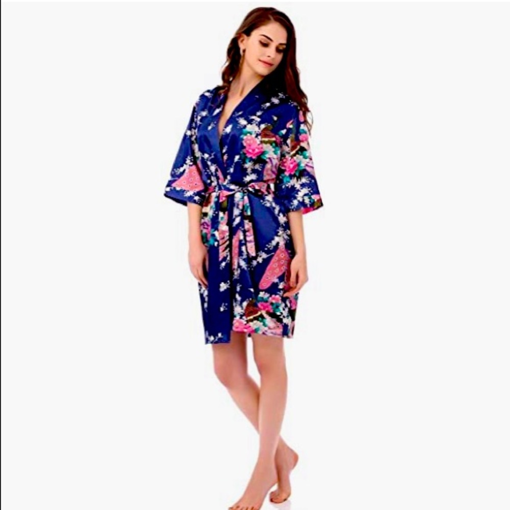 Floral Navy Silk Robe